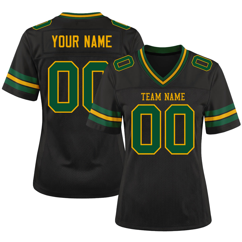 Custom Black Green-Gold Mesh Football Jersey