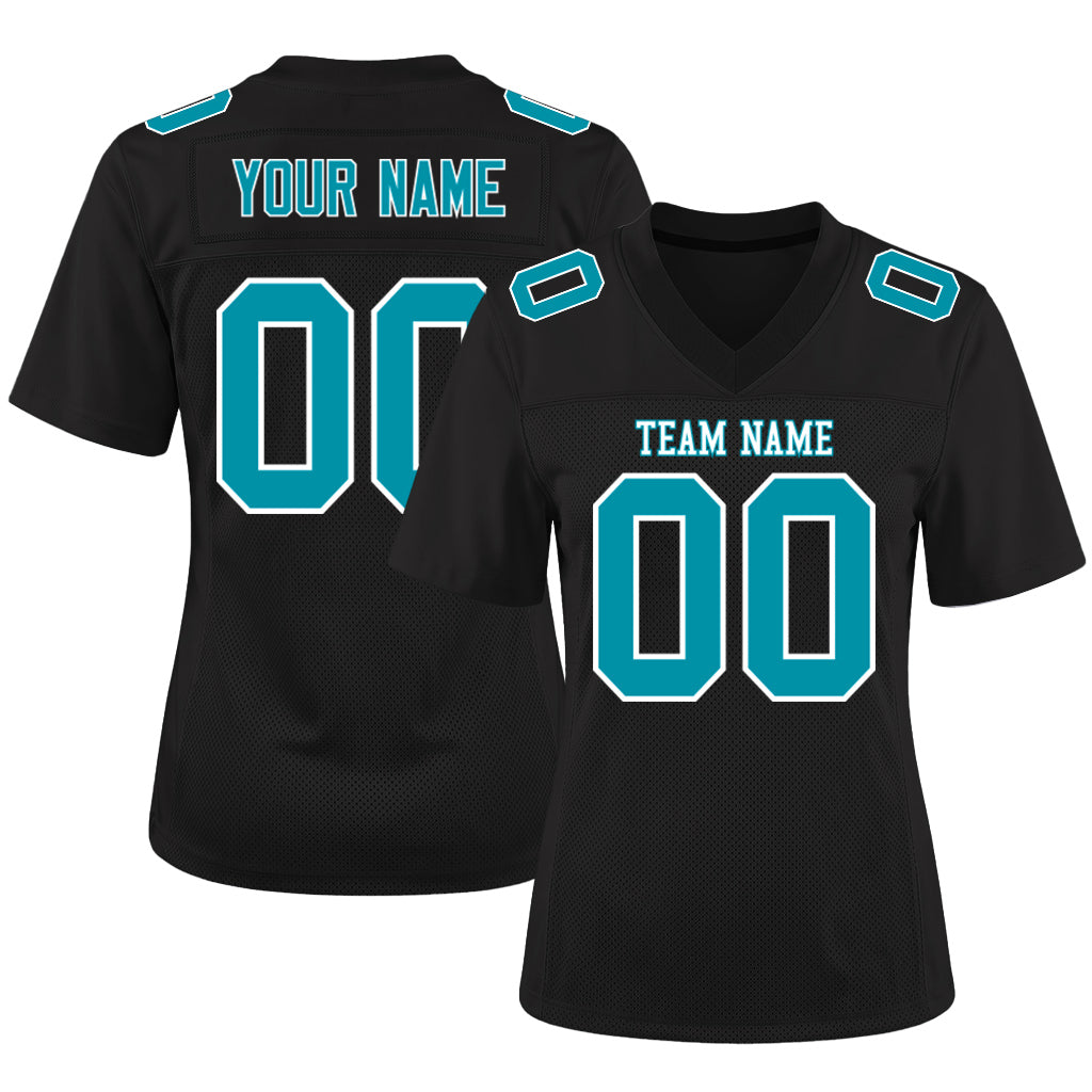 Custom Black Teal-White Mesh Football Jersey