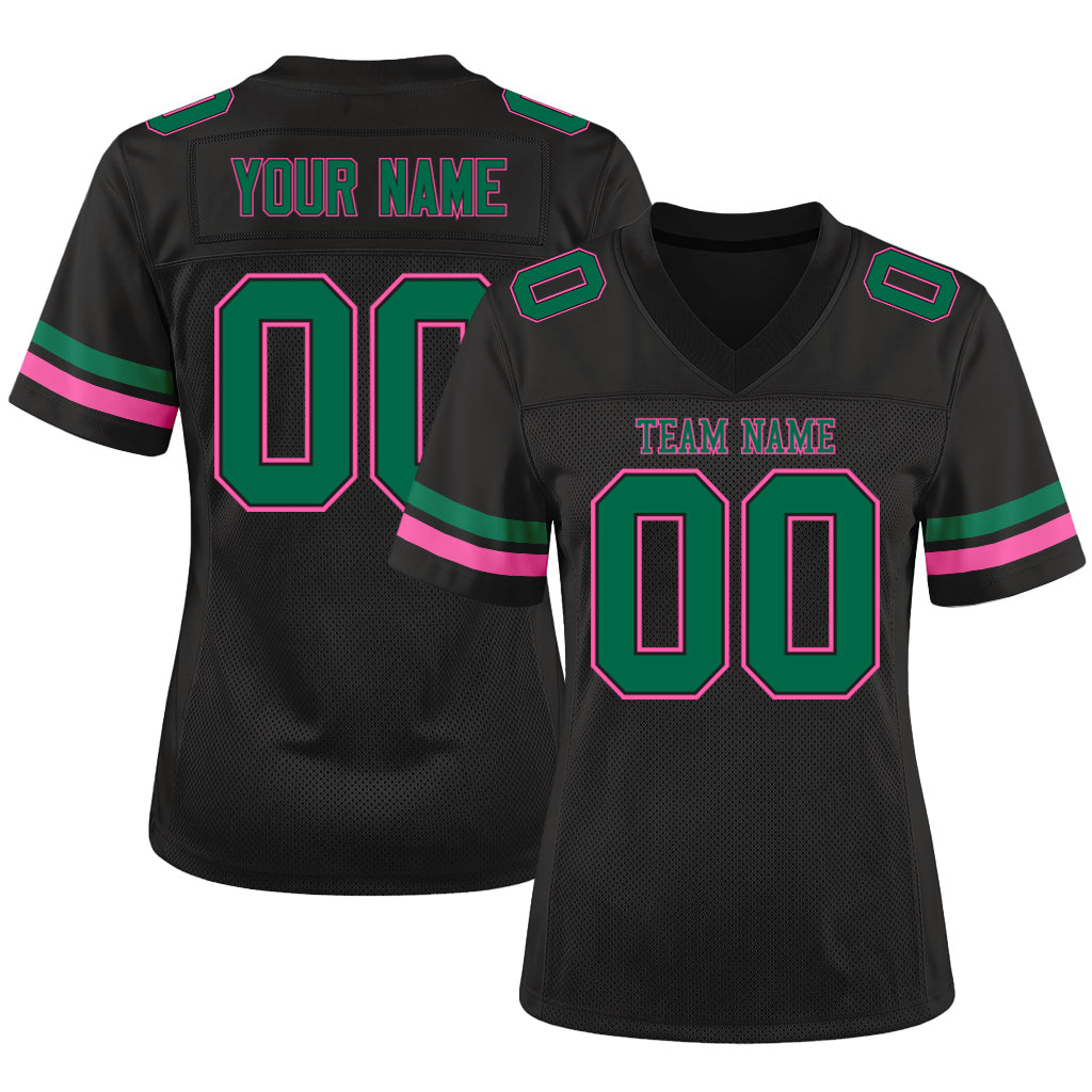 Custom Black Kelly Green-Pink Mesh Football Jersey