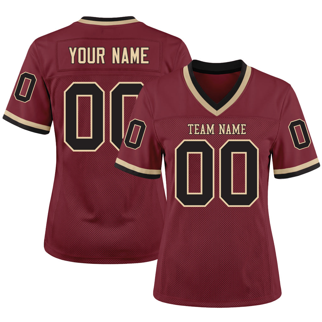 Custom Burgundy Black-Cream Mesh Football Jersey