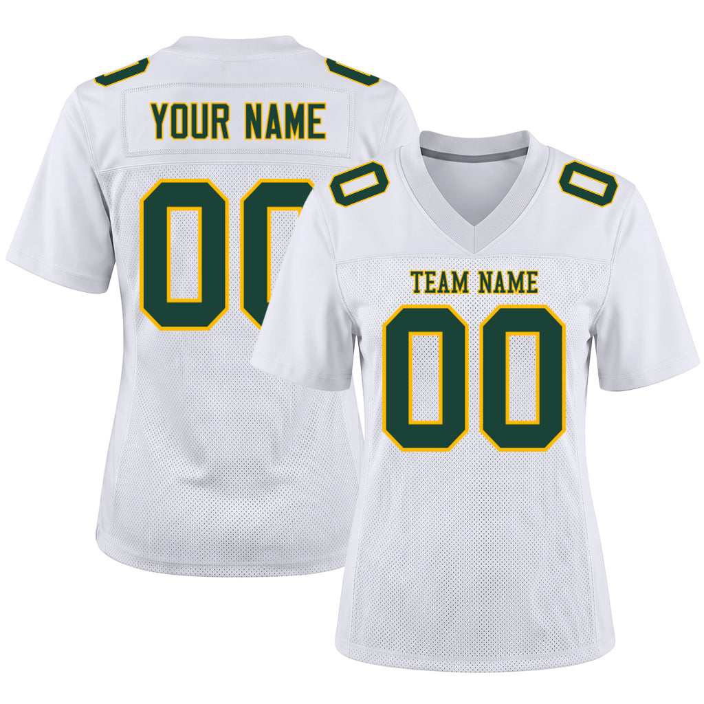 Custom White Green-Gold Mesh Football Jersey