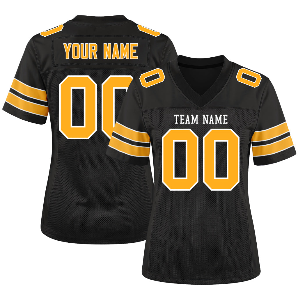 Custom Black White-Gold Mesh Football Jersey