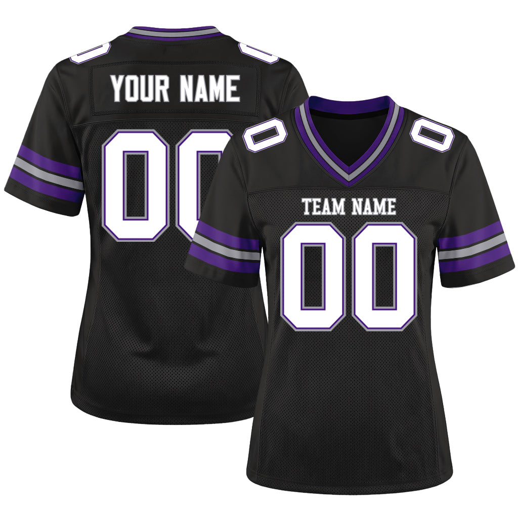 Custom Black White Purple-Gray Mesh Football Jersey