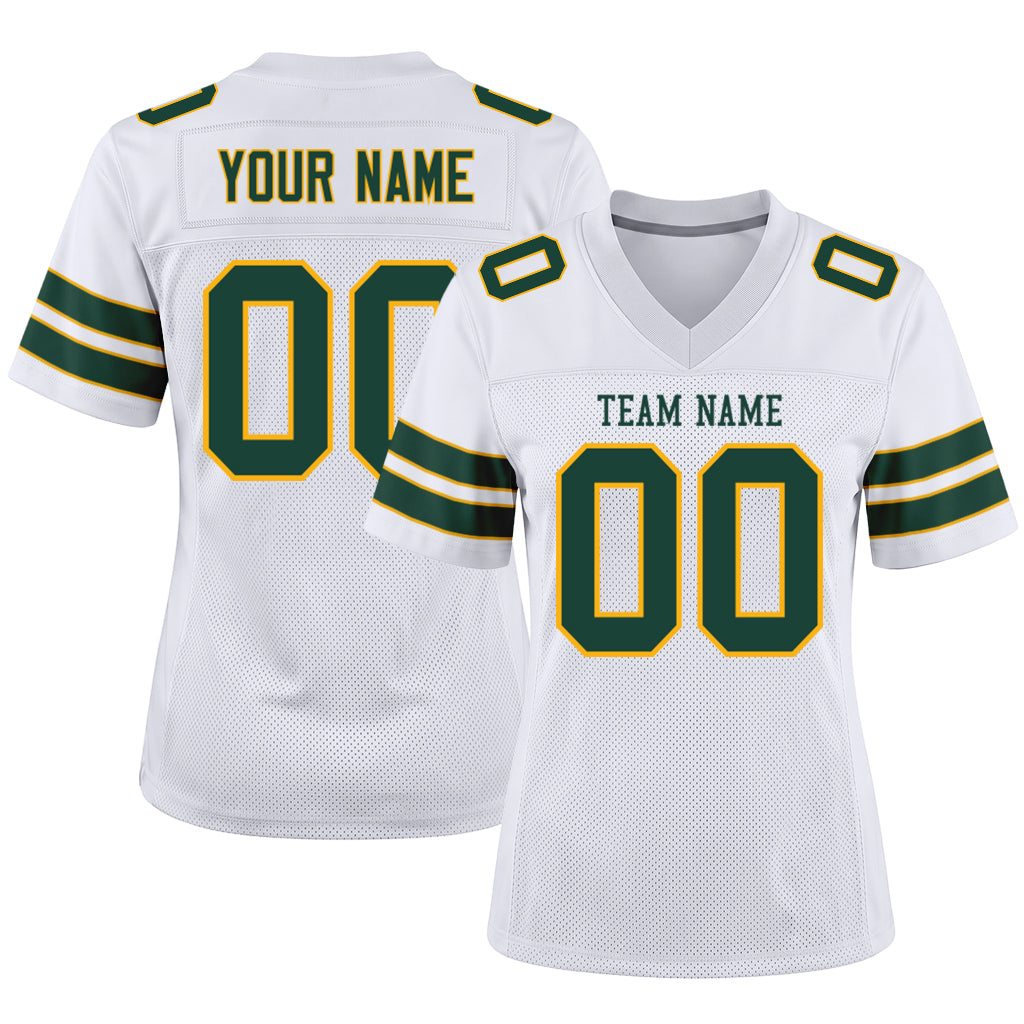 Custom White Green-Gold Mesh Football Jersey