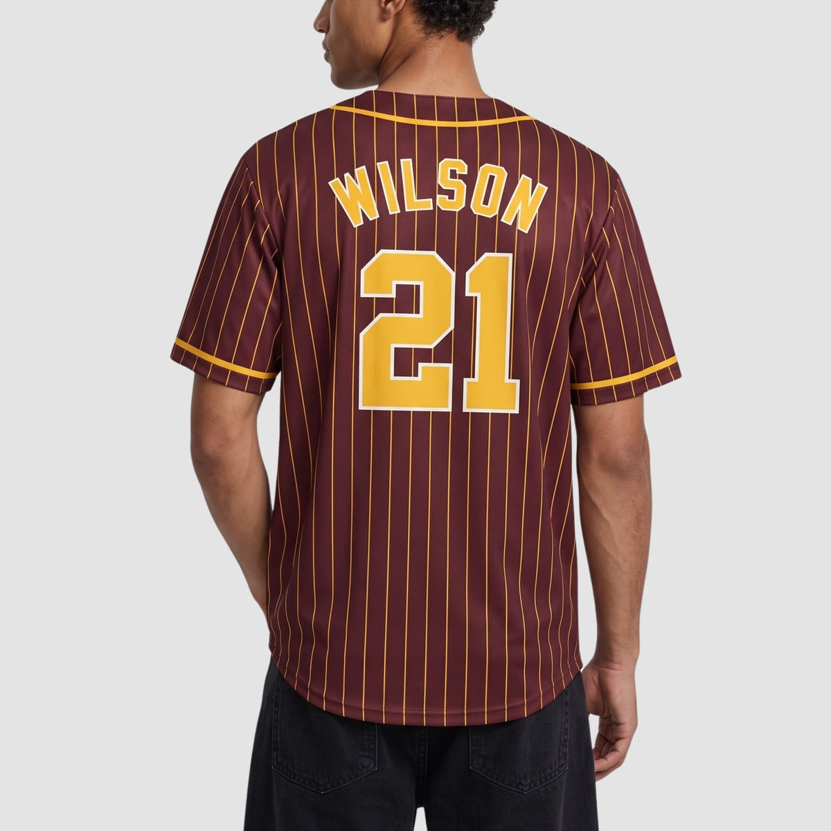 Custom Burgundy Gold White Piping Pinstripe Feature Baseball Jersey
