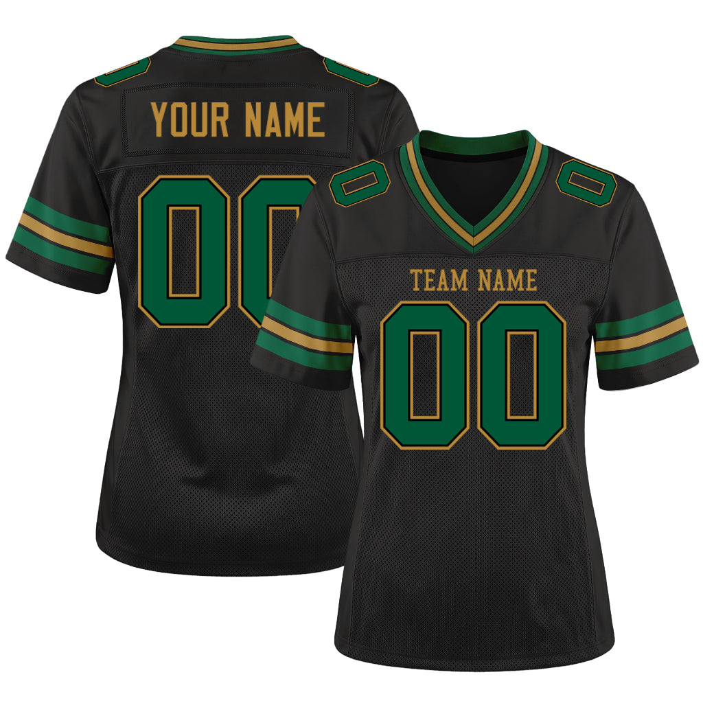 Custom Black Kelly Green-Old Gold Mesh Football Jersey