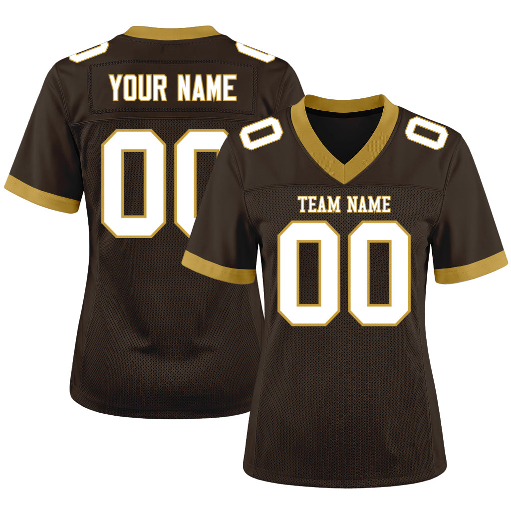 Custom Brown White-Old Gold Mesh Football Jersey