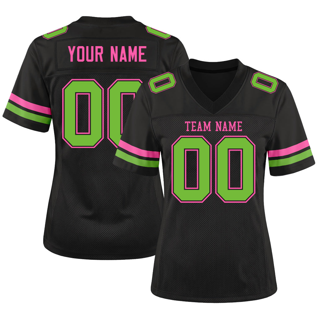 Custom Black Neon Green-Pink Mesh Football Jersey