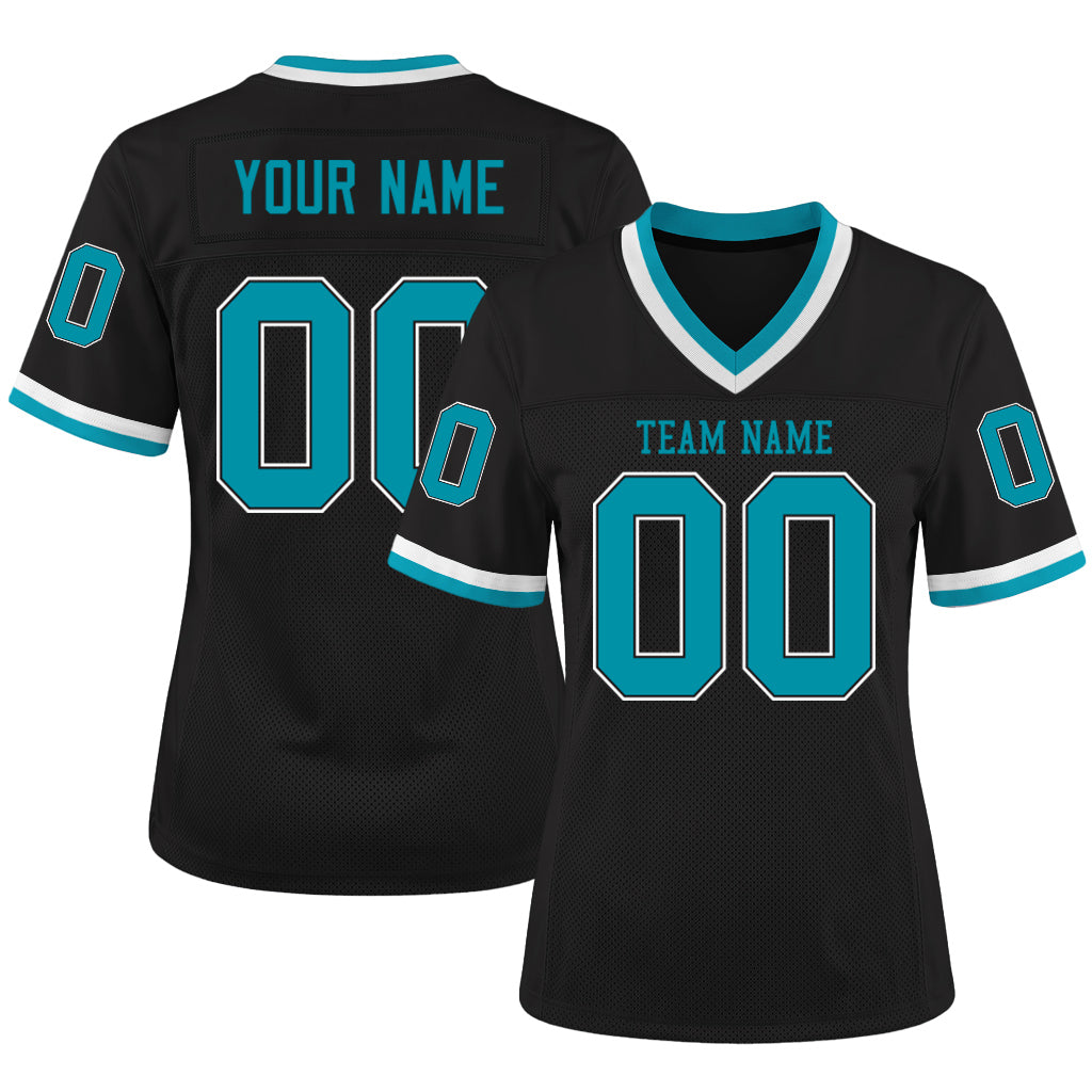 Custom Black Teal-White Mesh Football Jersey