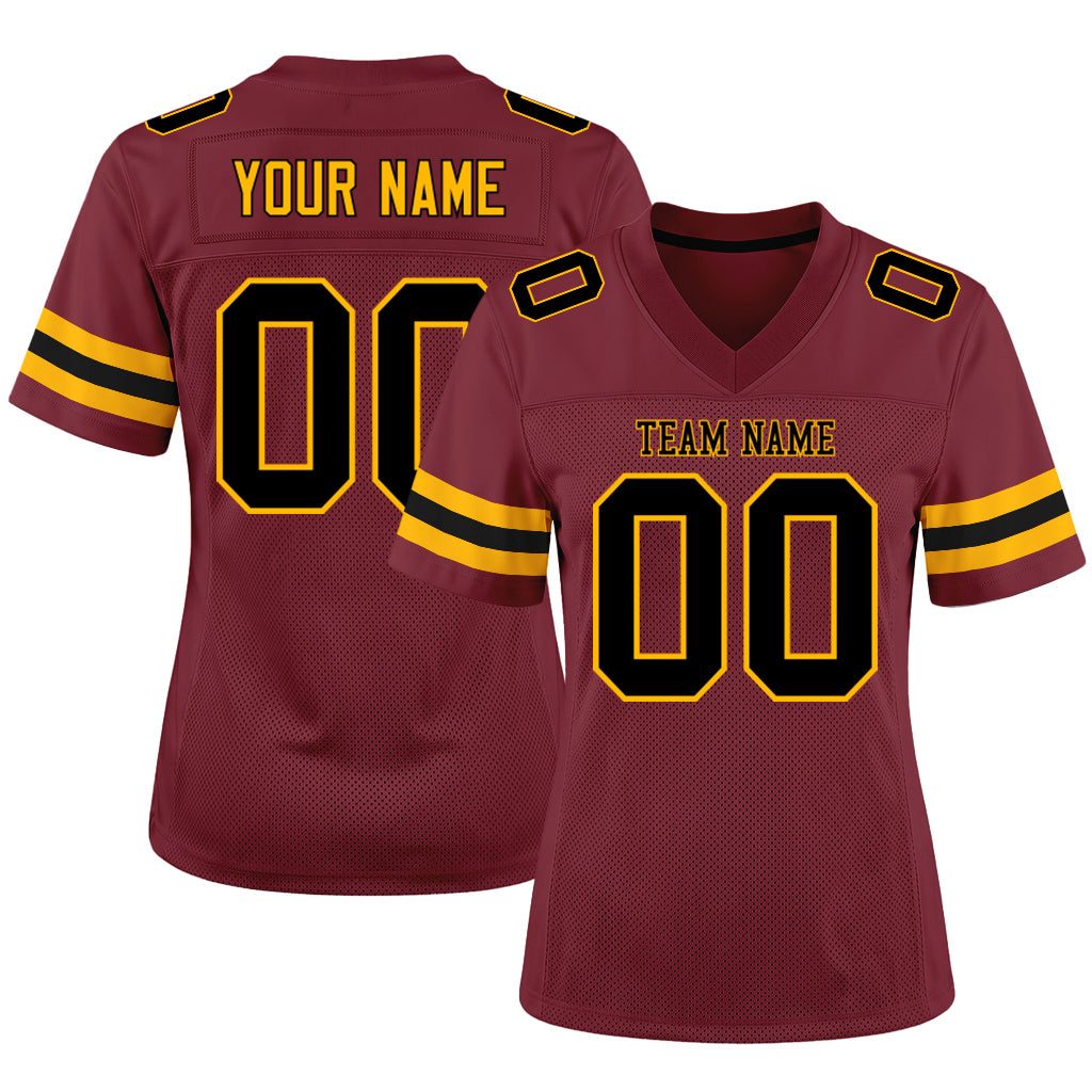 Custom Burgundy Black-Gold Mesh Football Jersey
