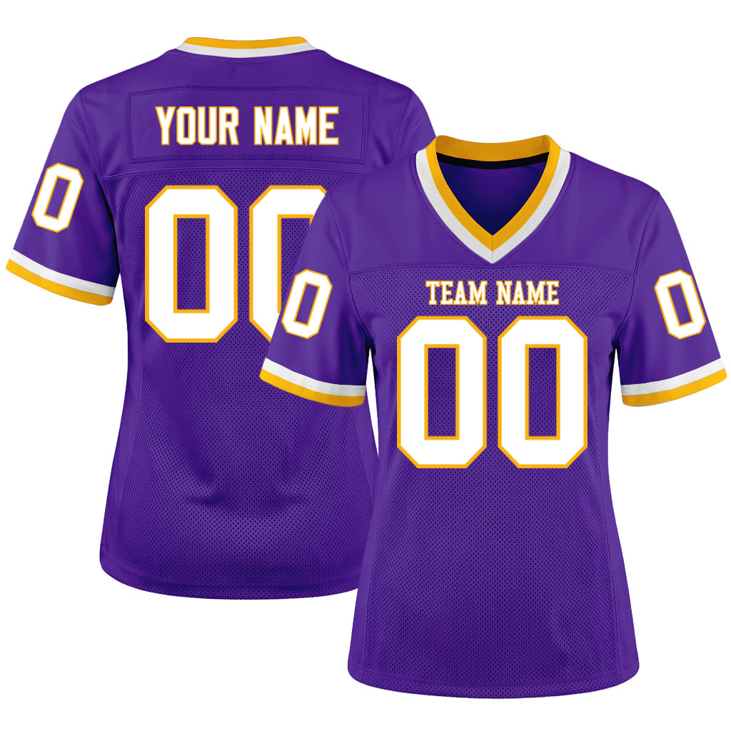 Custom Purple White-Gold Mesh Football Jersey