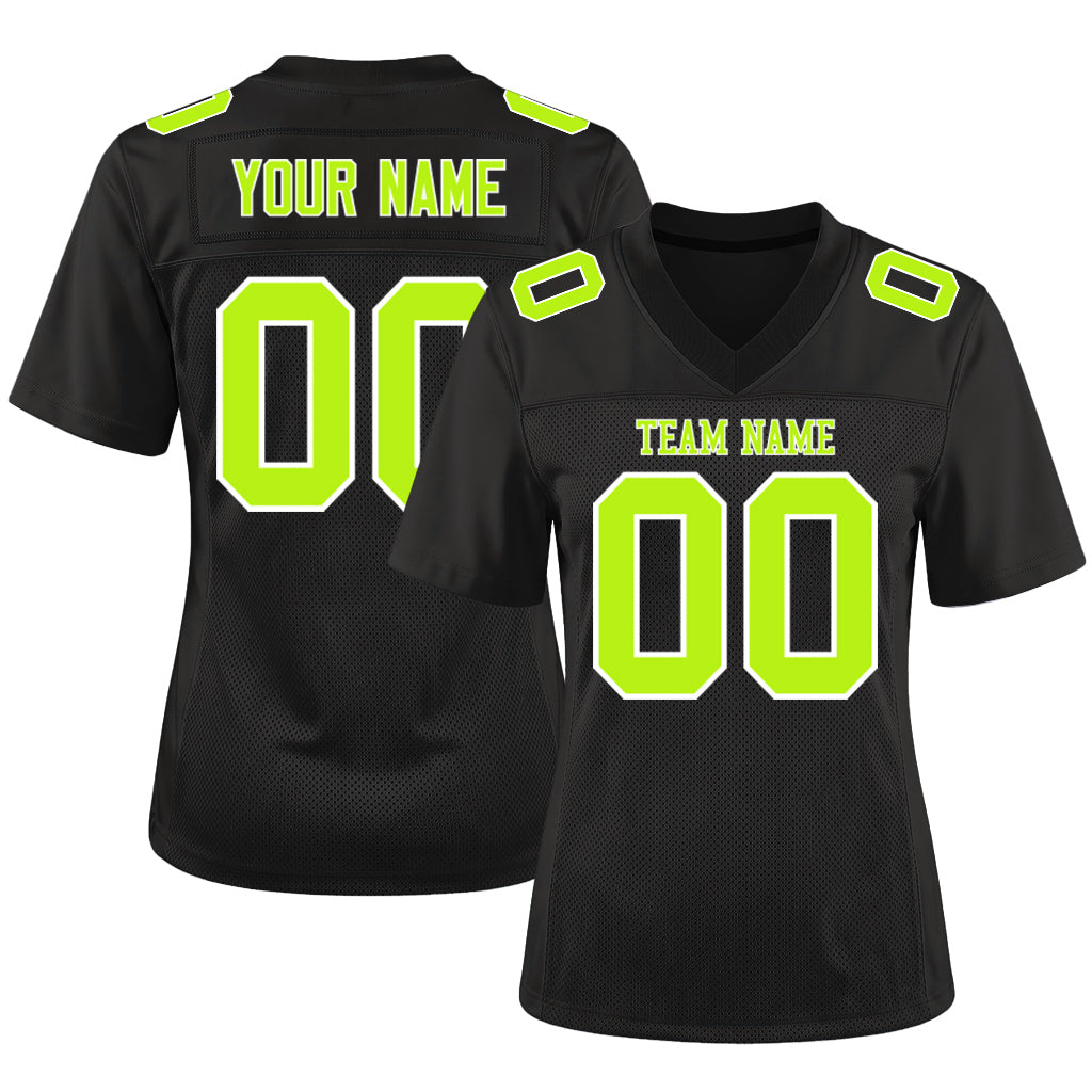 Custom Black Neon Green-White Custom Name Mesh Football Jersey