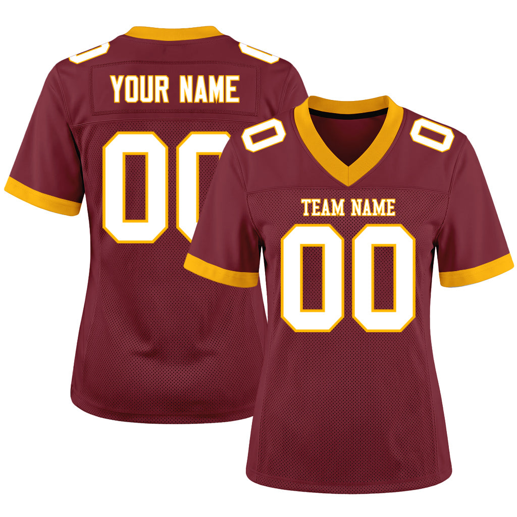 Custom Burgundy White-Gold Mesh Football Jersey