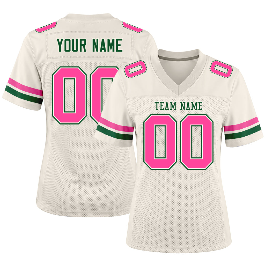Custom Cream Pink-Kelly Green Mesh Football Jersey