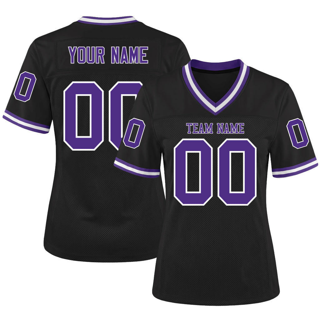 Custom Black Purple-White Mesh Football Jersey