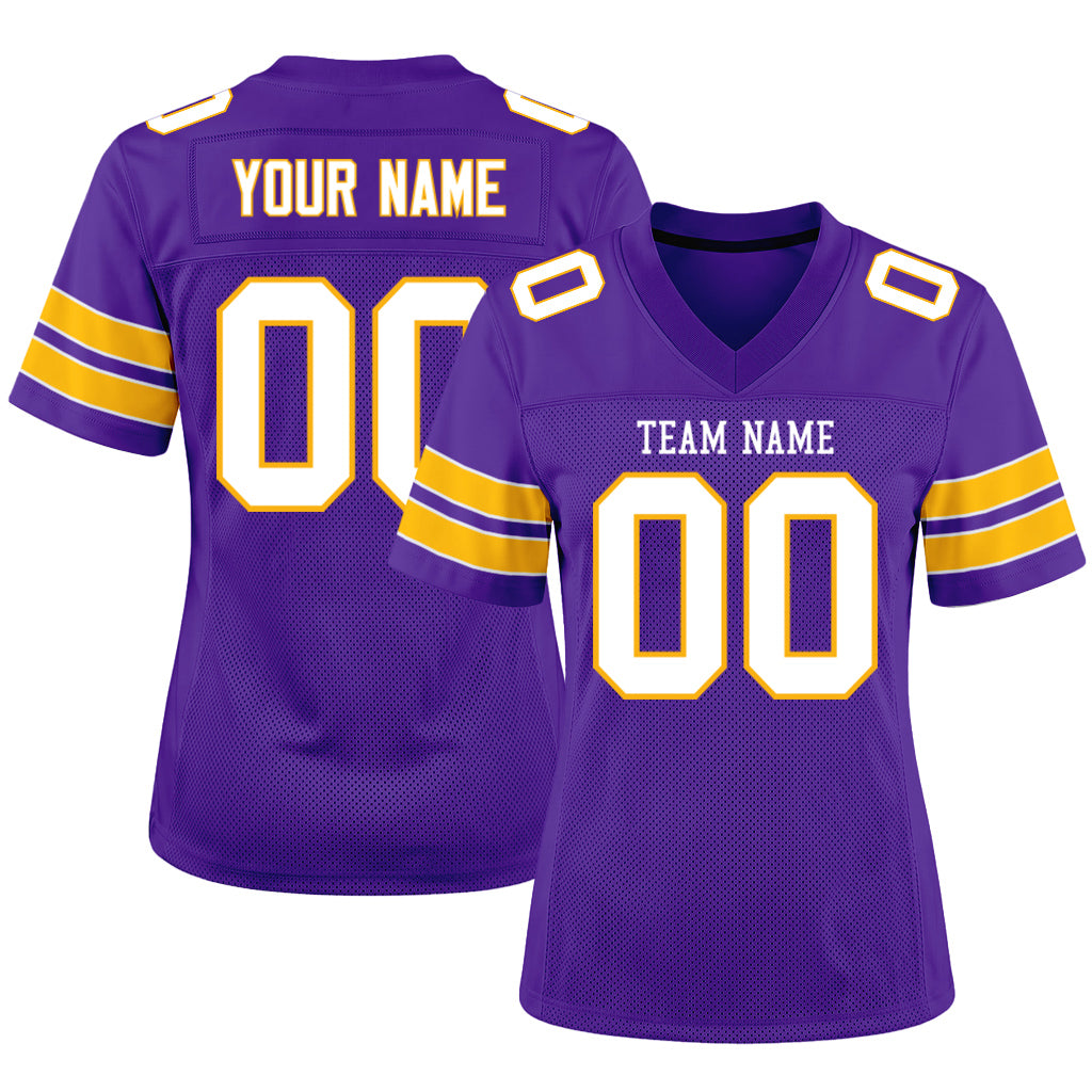 Custom Purple White-Gold Mesh Football Jersey