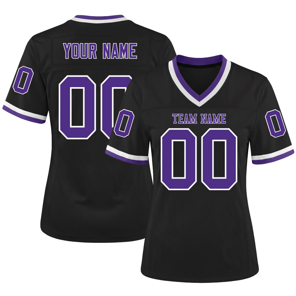 Custom Black Purple-White Mesh Football Jersey
