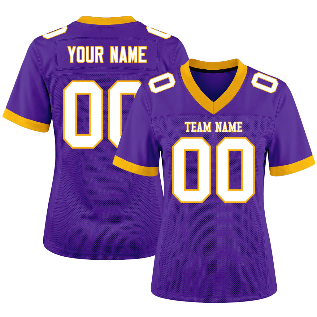 Custom Purple White-Gold Mesh Football Jersey