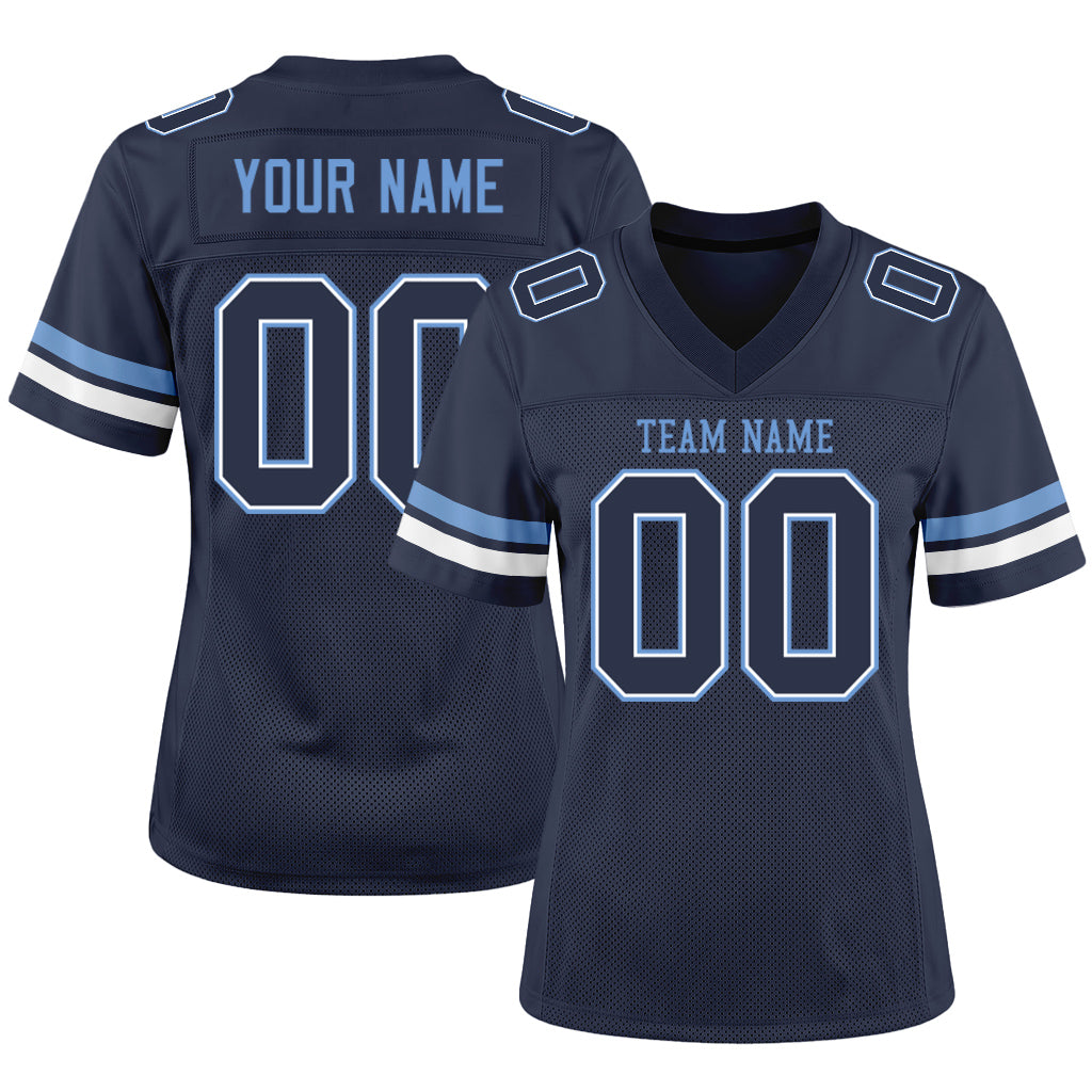 Custom Navy White-Light Blue Mesh Football Jersey