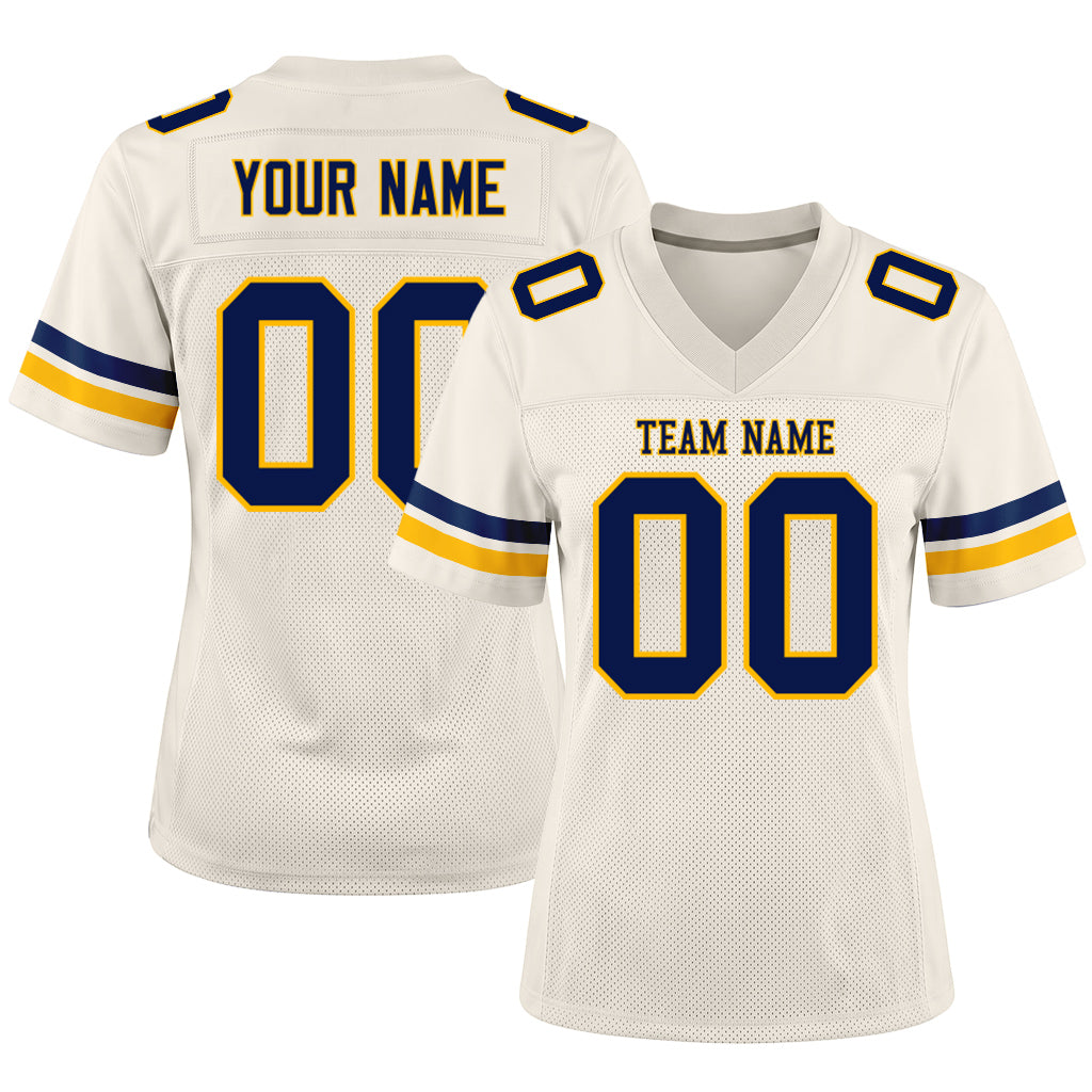 Custom Cream Navy-Gold Mesh Football Jersey