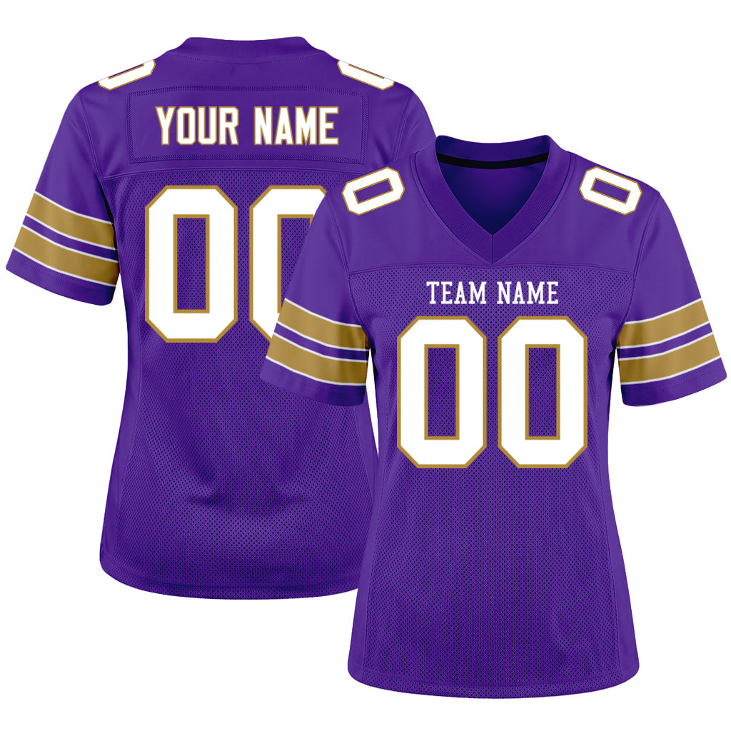 Custom Purple White-Old Gold Mesh Football Jersey