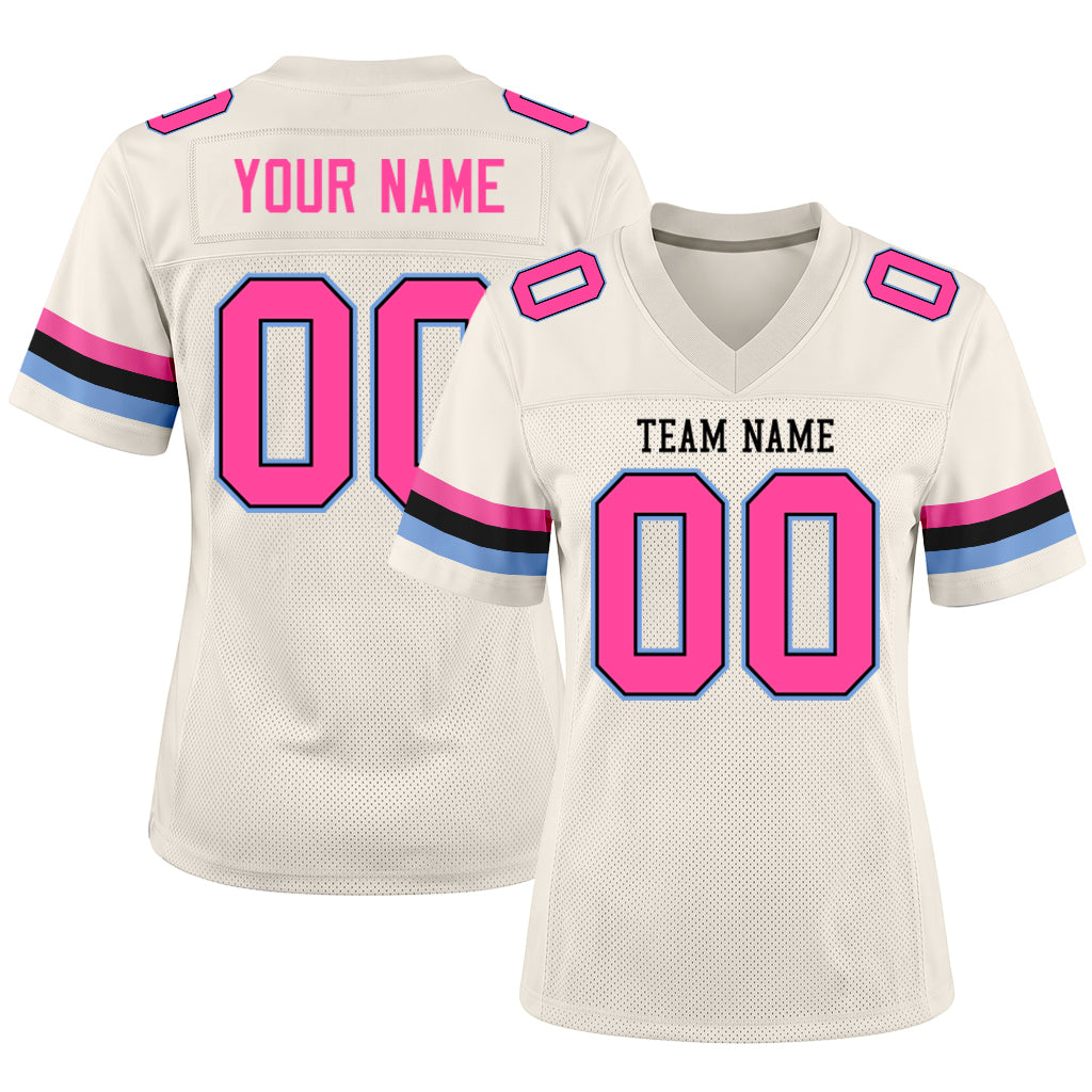 Custom Cream Pink Black-Light Blue Mesh Football Jersey