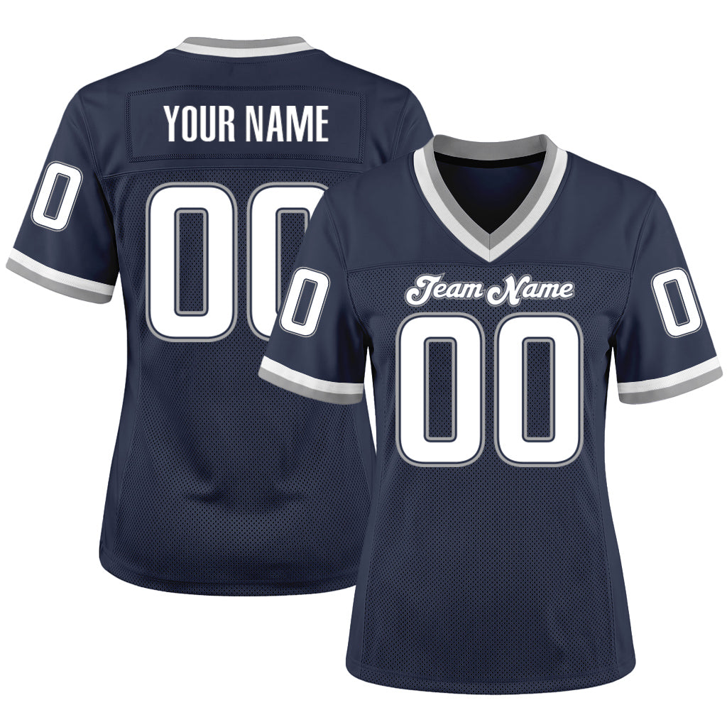 Custom Navy White-Gray Mesh Football Jersey