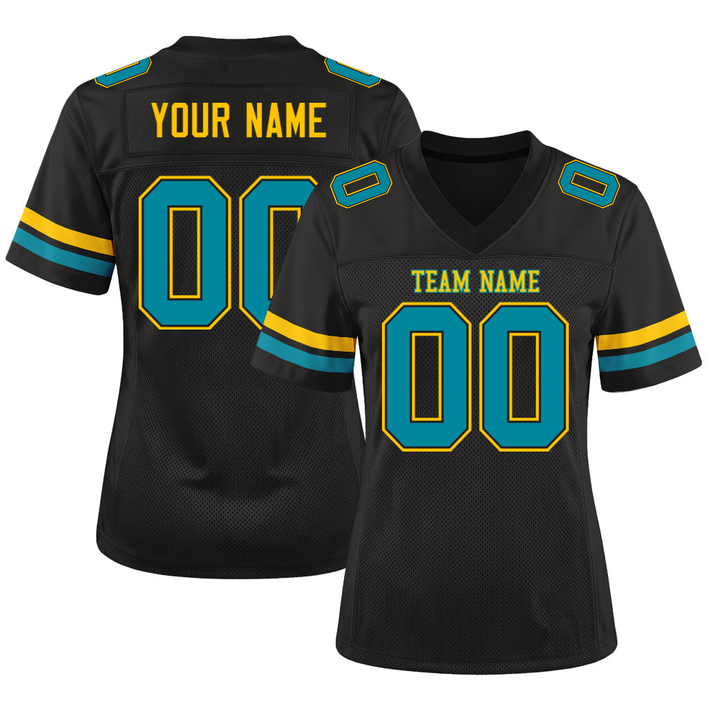 Custom Black Teal-Gold Mesh Football Jersey