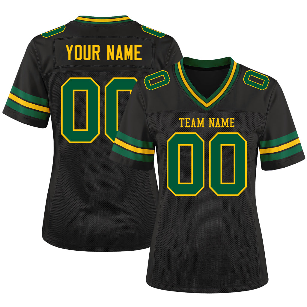 Custom Black Kelly Green-Gold Mesh Football Jersey