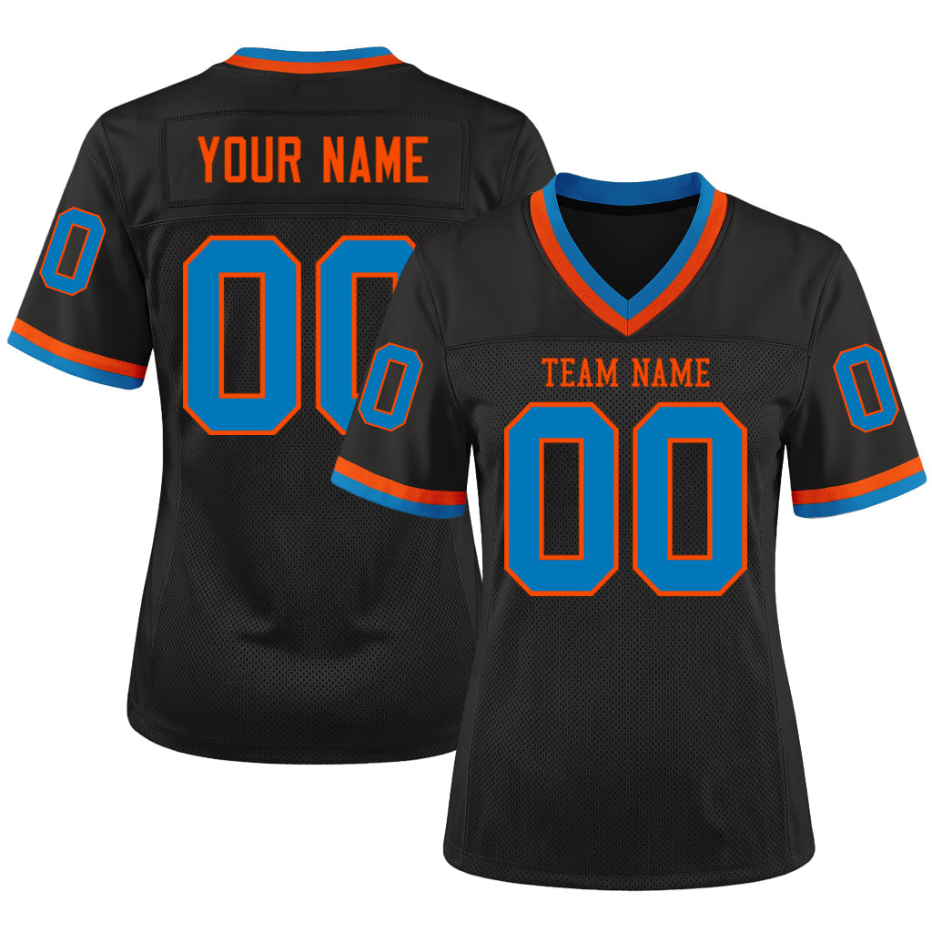Custom Black Blue-Orange Mesh Throwback Mesh Football Jersey