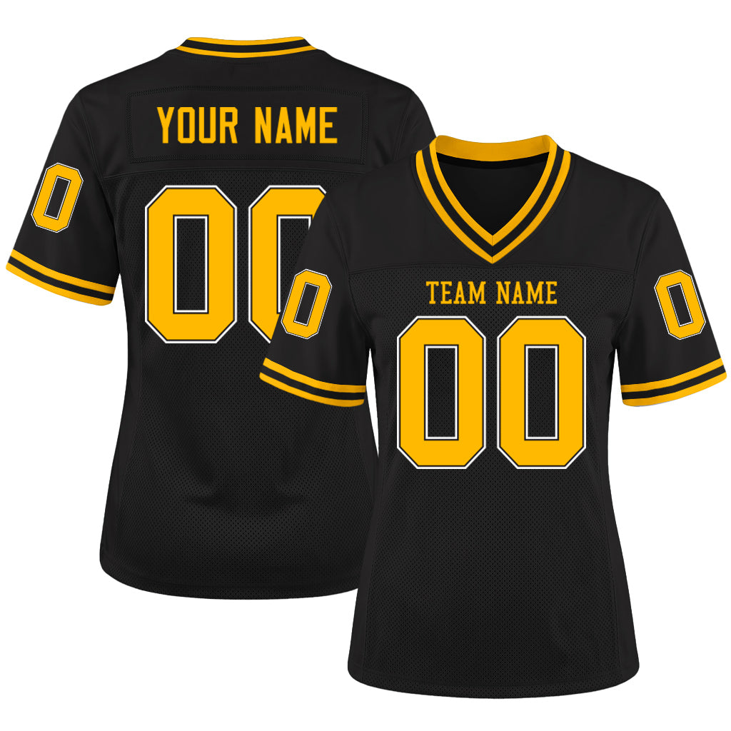 Custom Black Gold-White Mesh Football Jersey