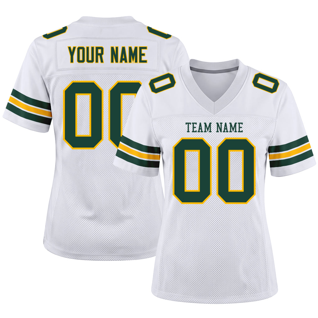 Custom White Green-Gold Mesh Football Jersey
