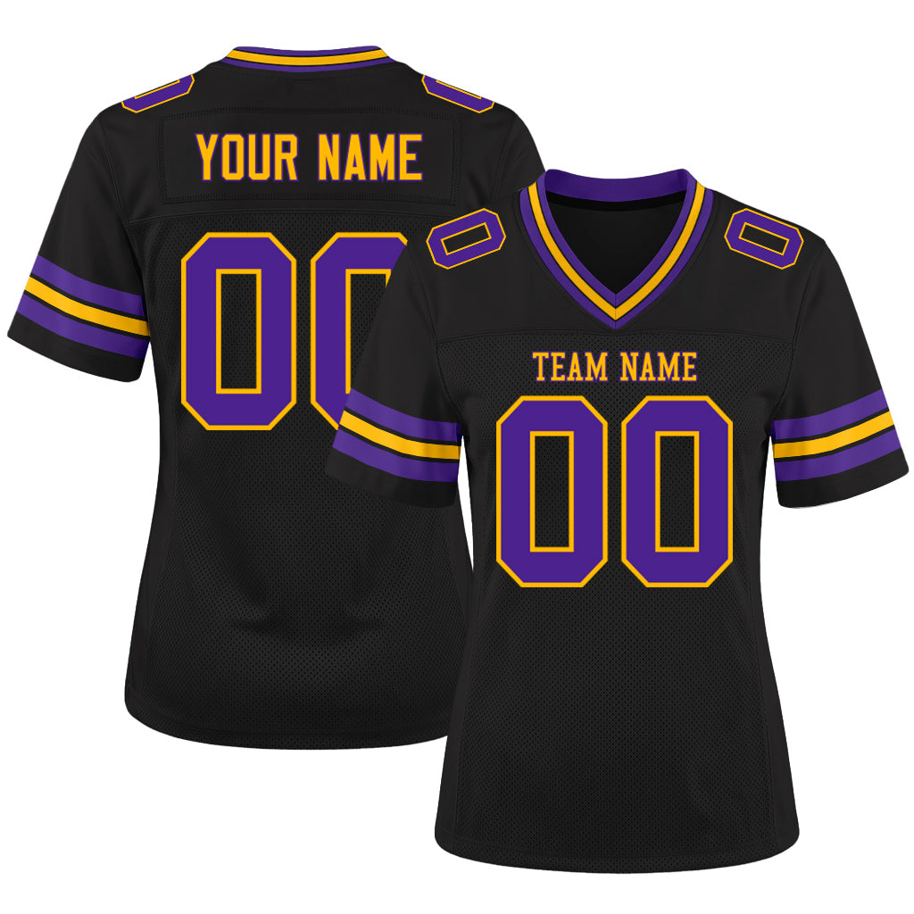 Custom Black Purple-Gold Mesh Football Jersey