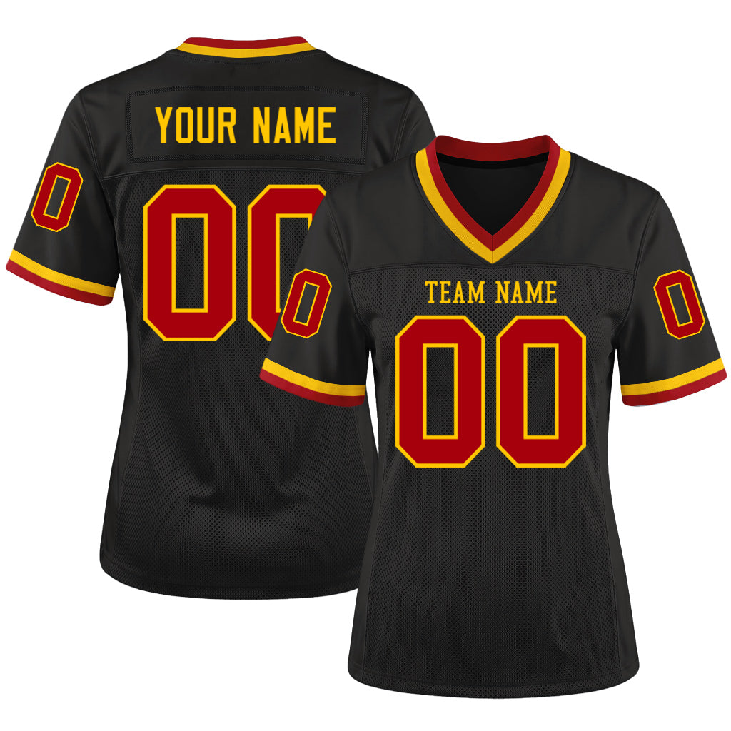 Custom Black Red-Gold Mesh Throwback Mesh Football Jersey