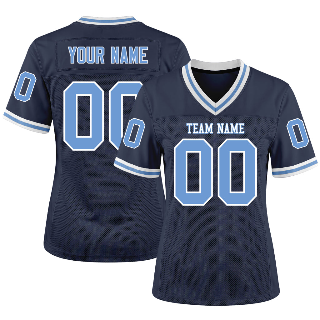 Custom Navy Light Blue-White Mesh Football Jersey