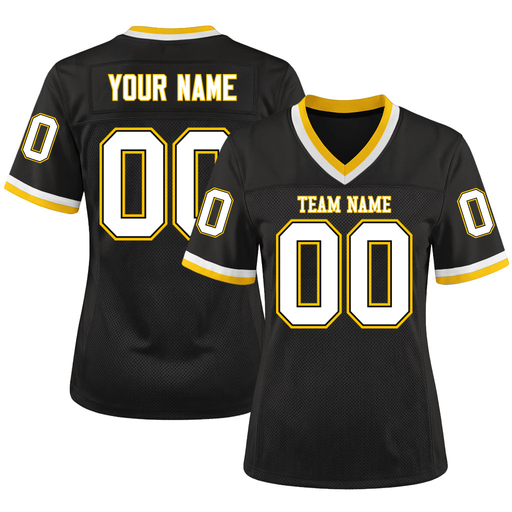 Custom Black White-Gold Mesh Throwback Mesh Football Jersey
