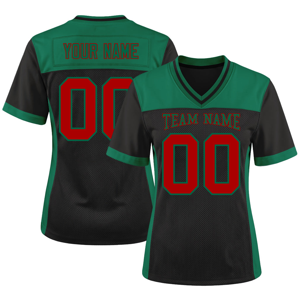 Custom Black Red-Kelly Green Mesh Football Jersey