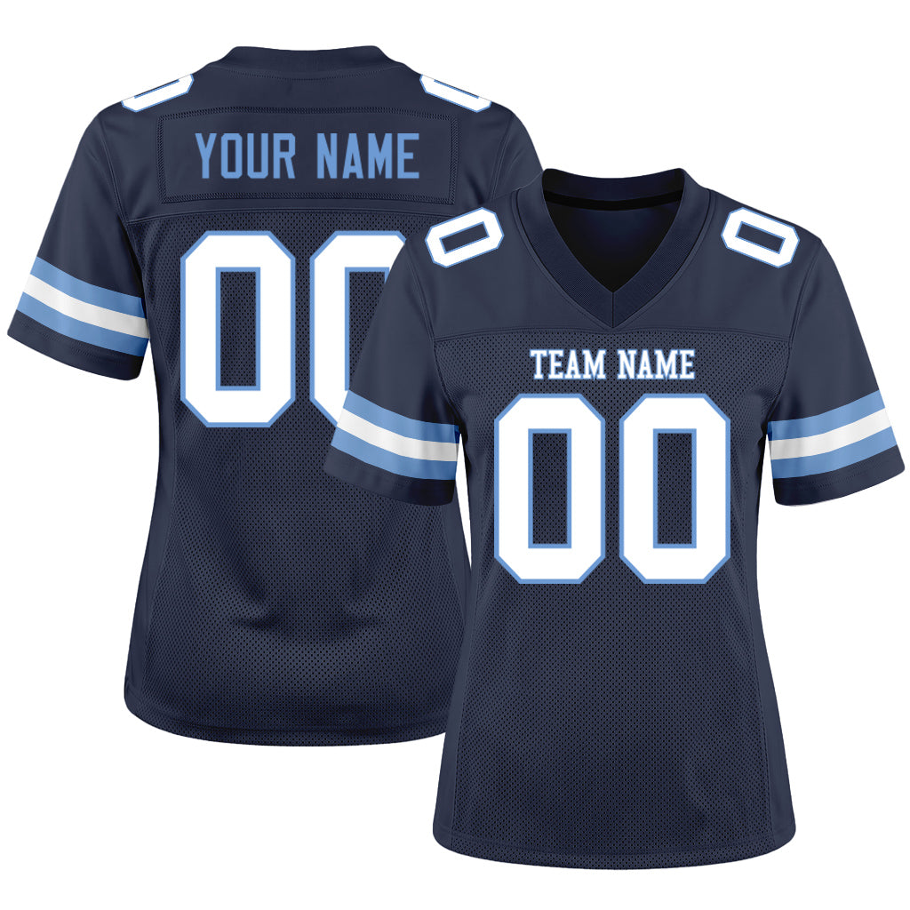 Custom Navy White-Light Blue Mesh Football Jersey