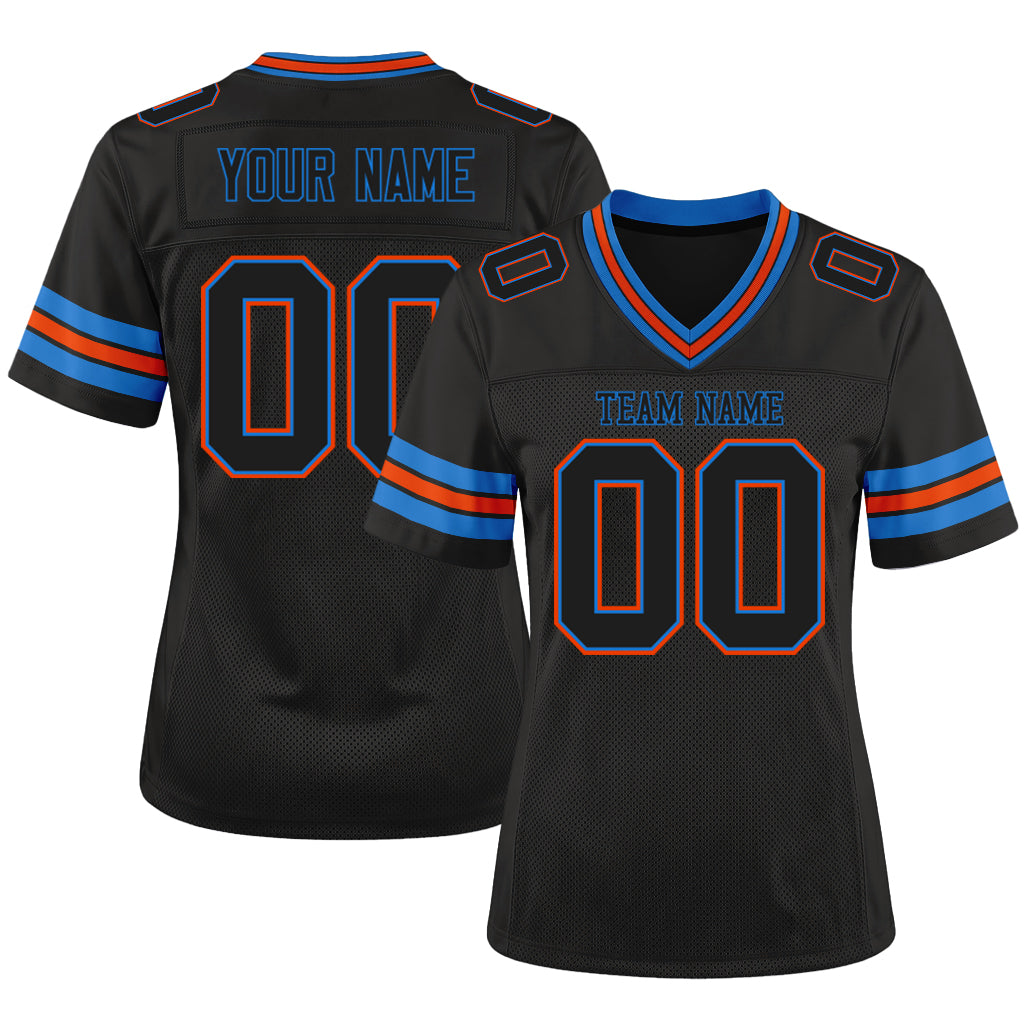 Custom Black Electric Blue-Orange Mesh Football Jersey