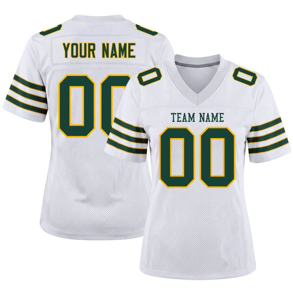 Custom White Green-Gold Mesh Football Jersey