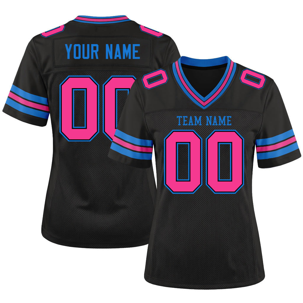 Custom Black Pink-Electric Blue Mesh Football Jersey