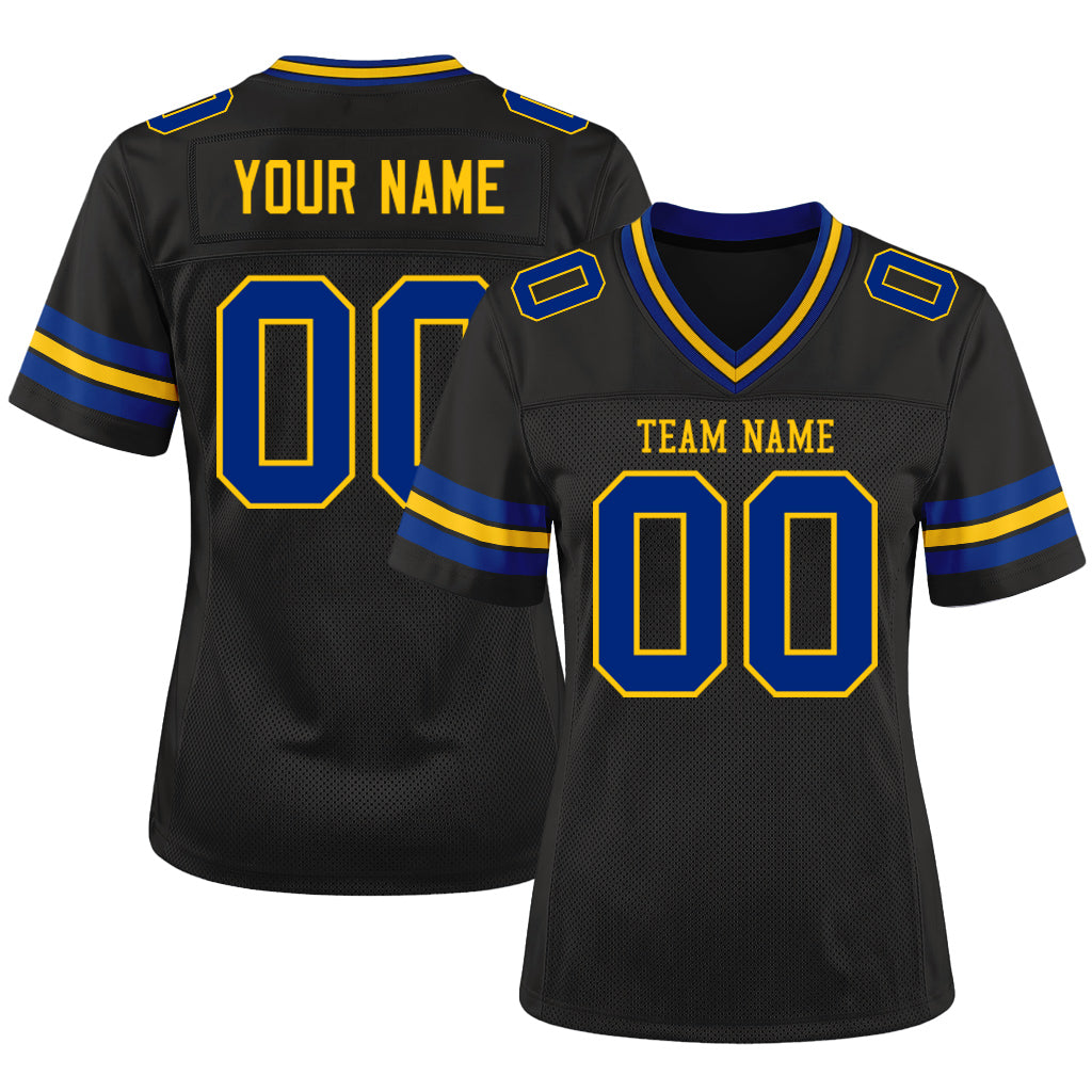 Custom Black Royal-Yellow Custom Name Mesh Football Jersey