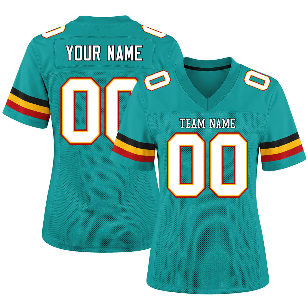Custom Aqua White-Gold Mesh Football Jersey