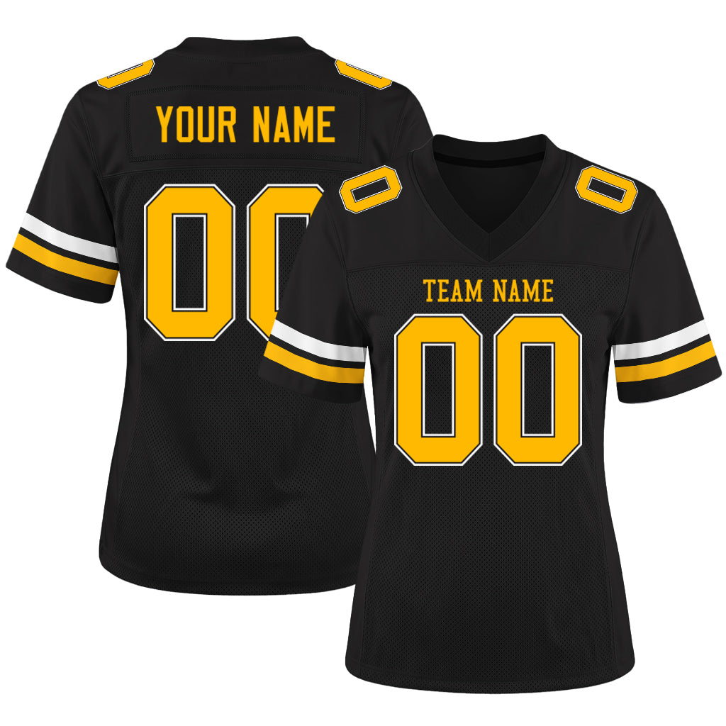 Custom Black Gold-White Mesh Football Jersey