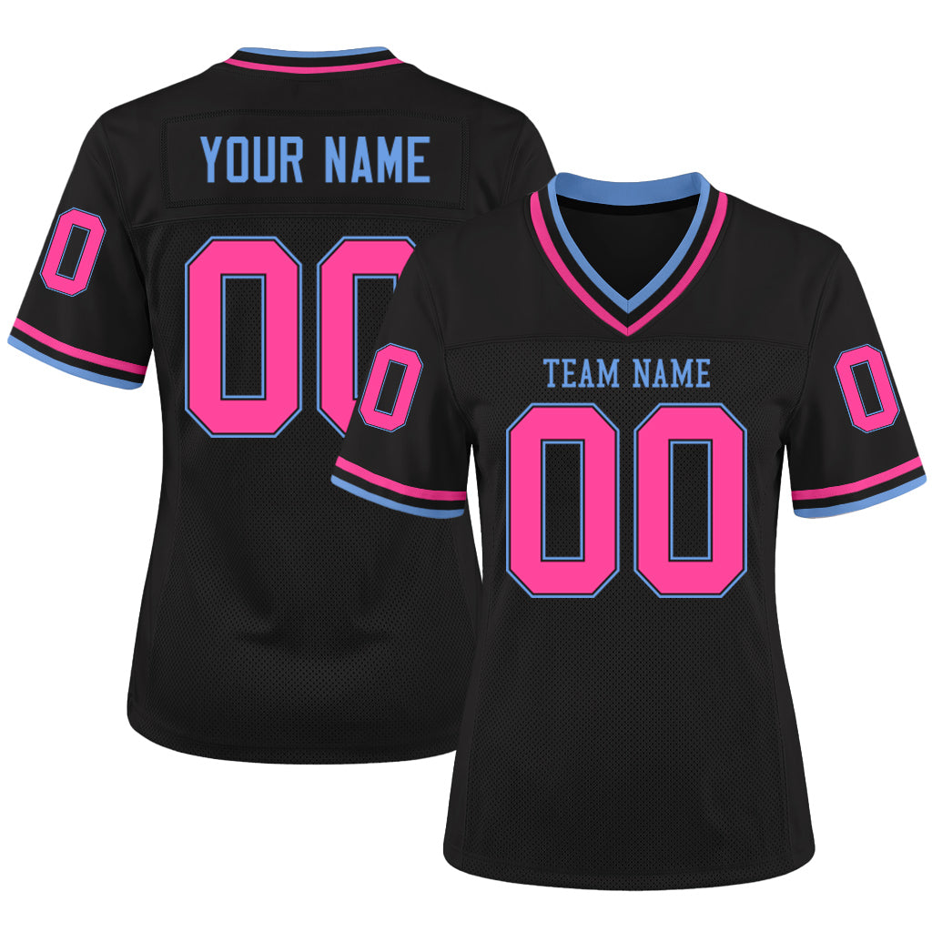 Custom Black Pink-Light Blue Mesh Football Jersey