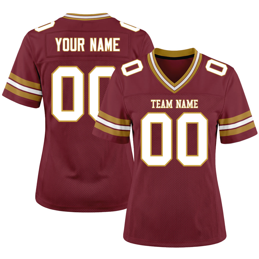 Custom Burgundy White-Old Gold Mesh Football Jersey