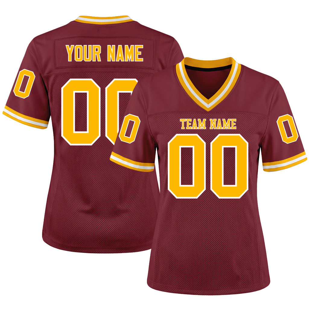 Custom Burgundy Gold-White Mesh Football Jersey
