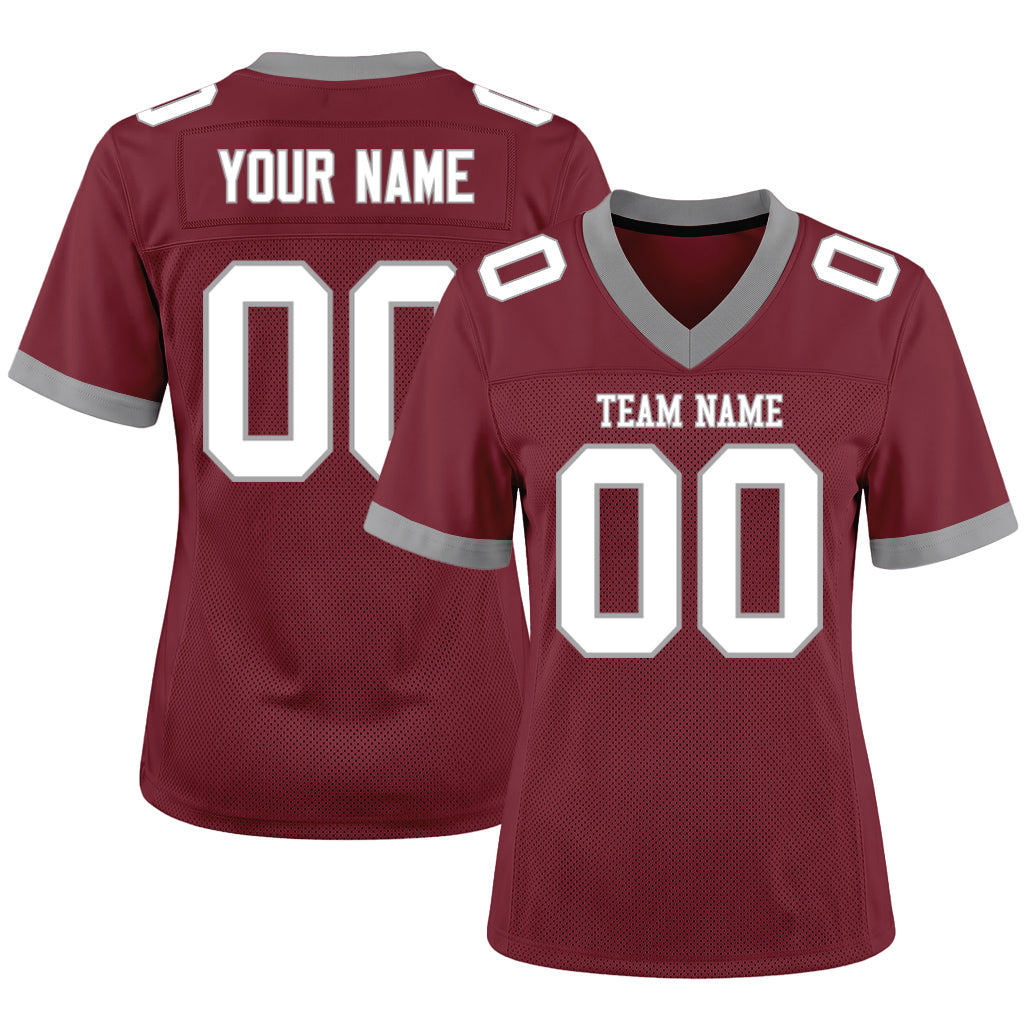 Custom Burgundy White-Gray Mesh Football Jersey