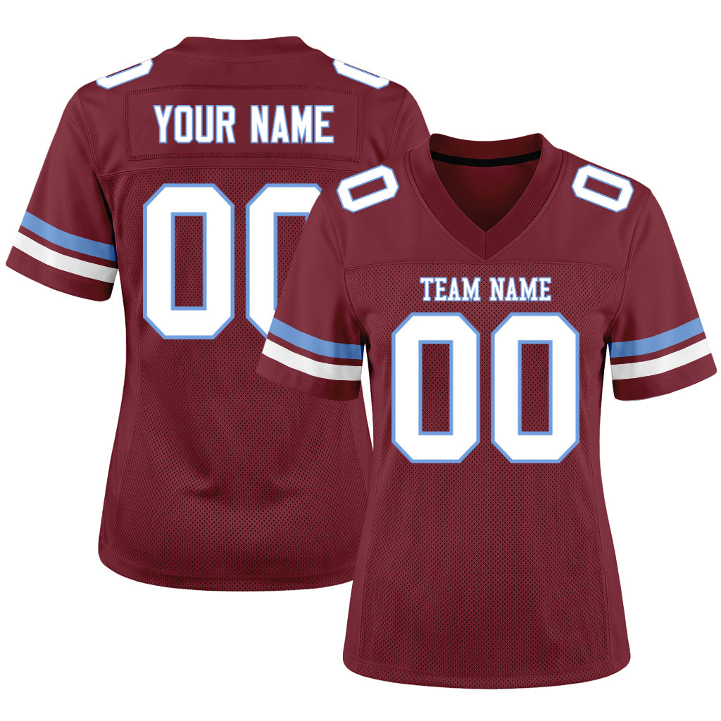 Custom Burgundy White-Light Blue Mesh Football Jersey