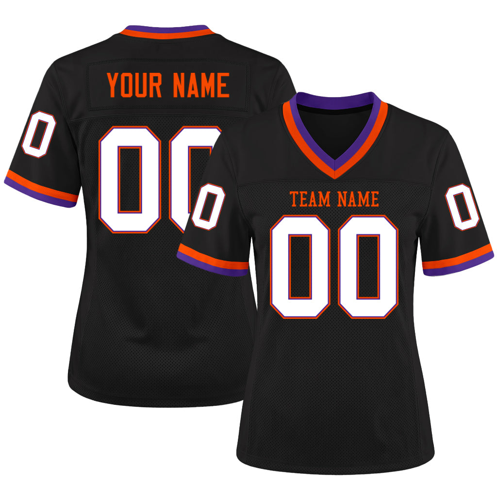 Custom Black Purple-Orange Mesh Football Jersey